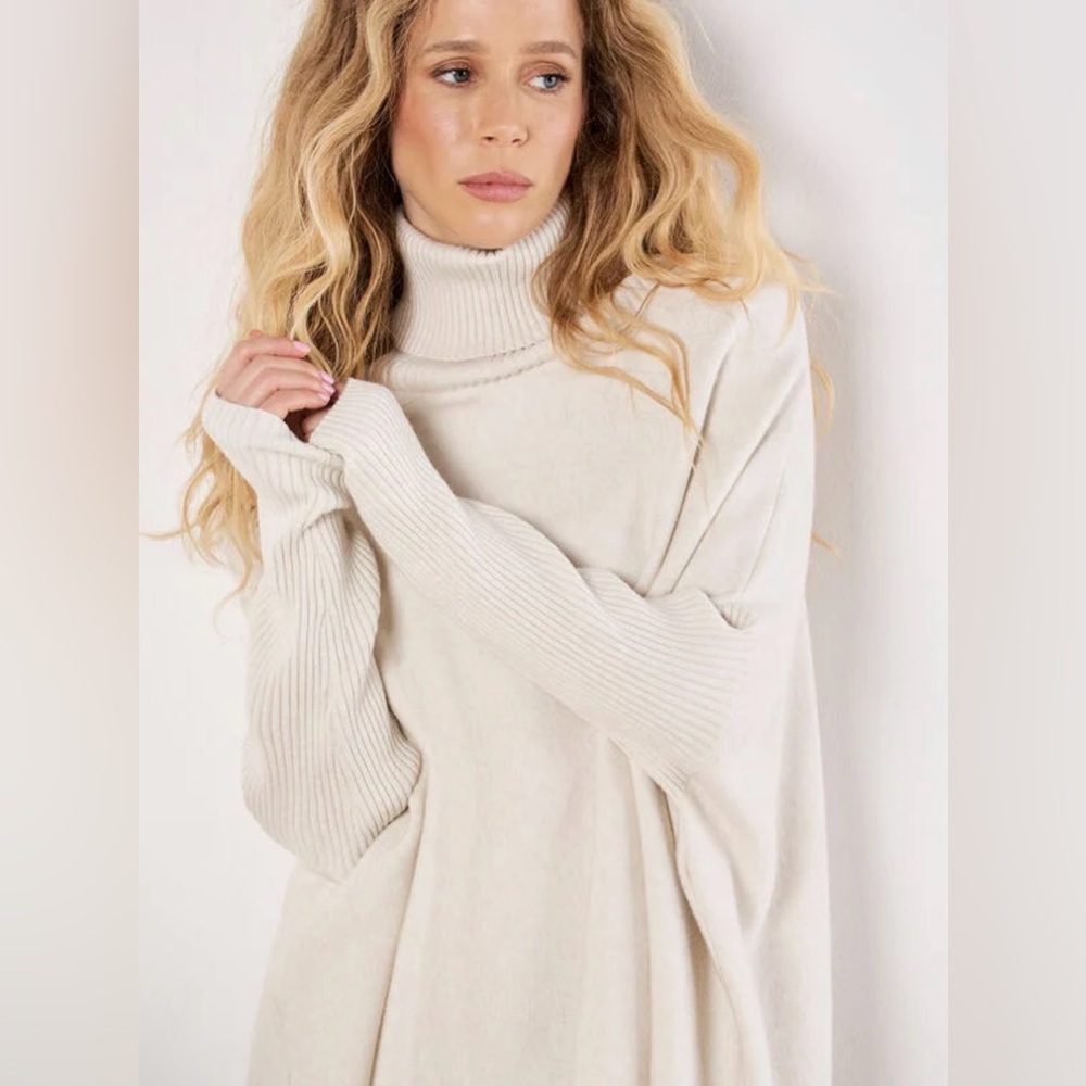 Apricot 🍑 - Women’s Cream Turtleneck Fringe Poncho Sweater - Picture 4 of 6